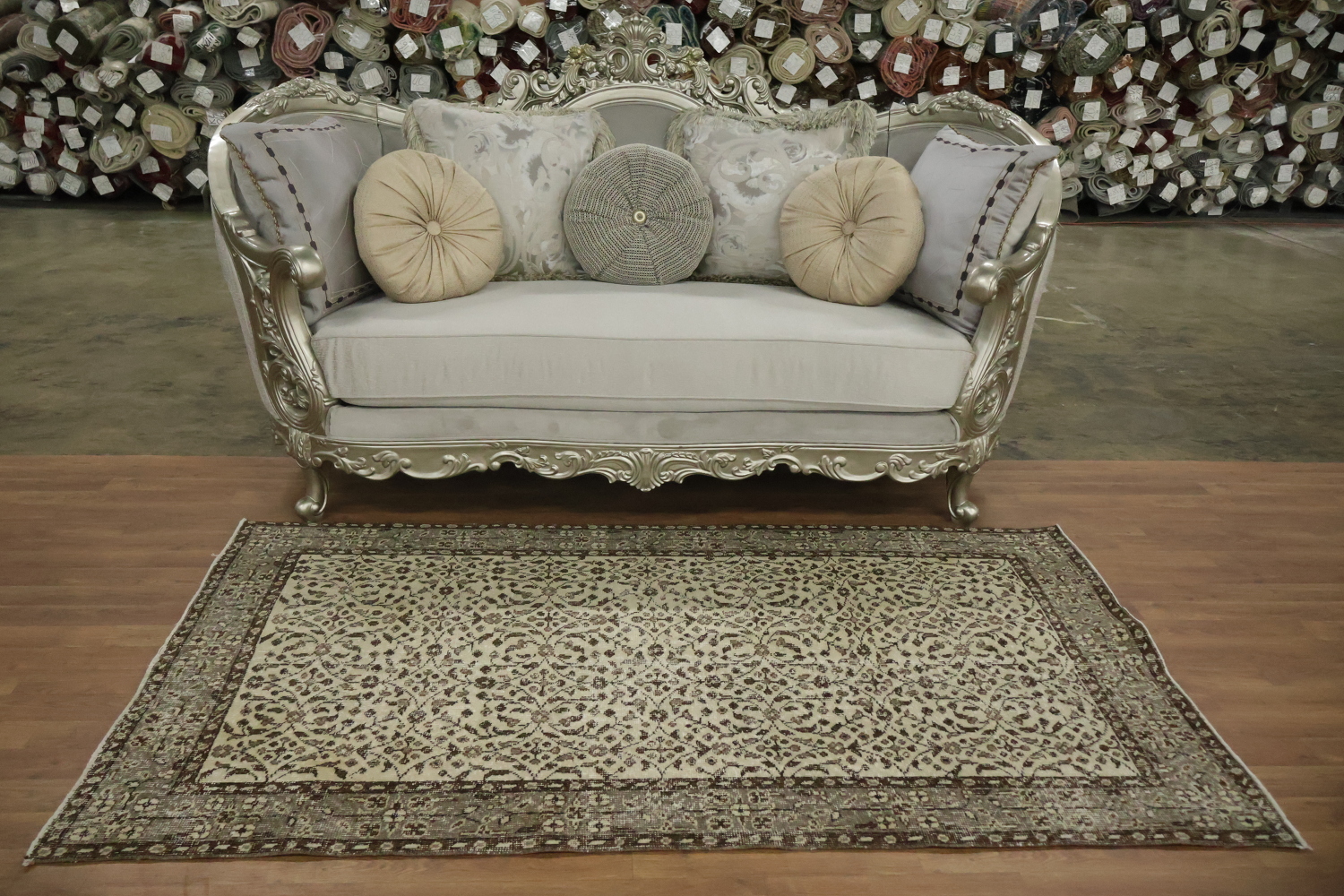 Vintage Distressed Wool Floral Turkish Area Rug 4x7