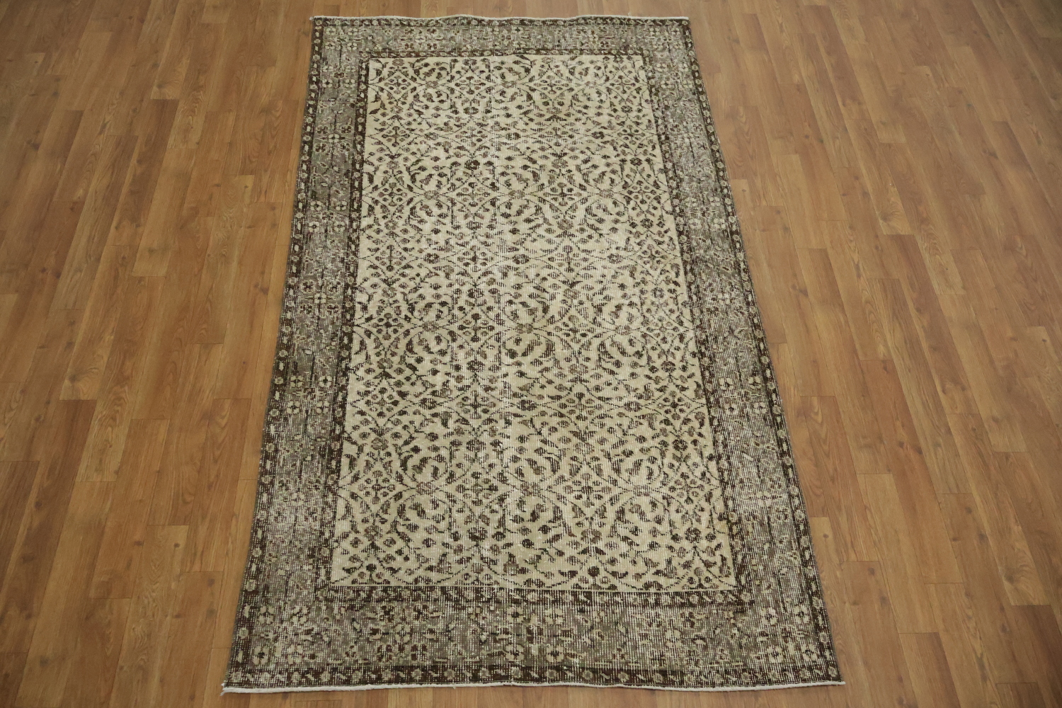 Vintage Distressed Wool Floral Turkish Area Rug 4x7