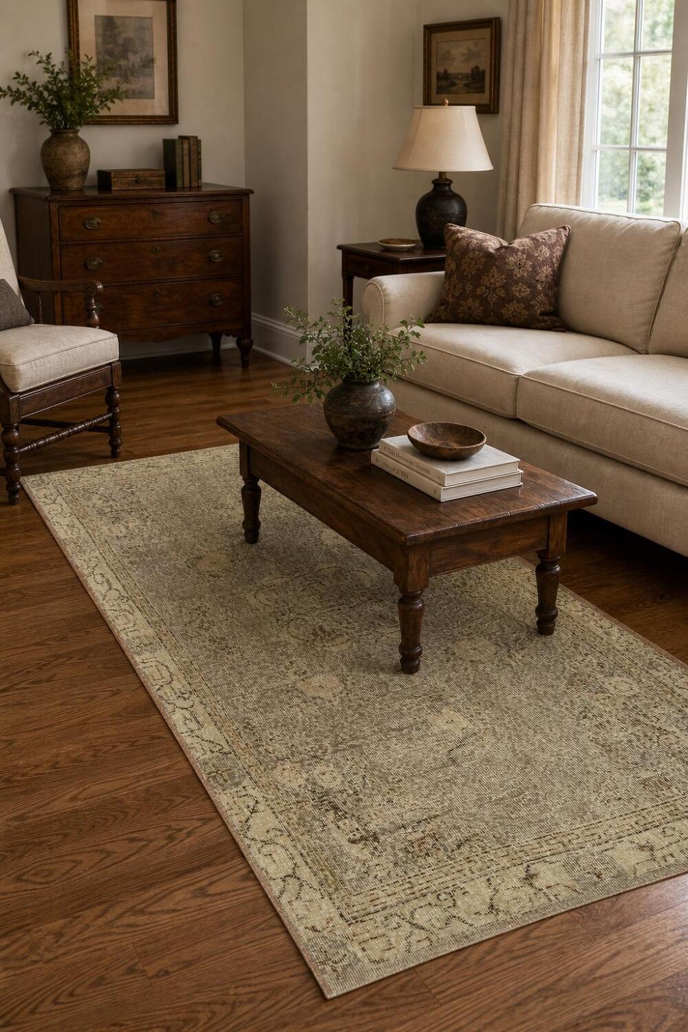 Muted Wool Vintage Distressed Turkish Area Rug 4x7