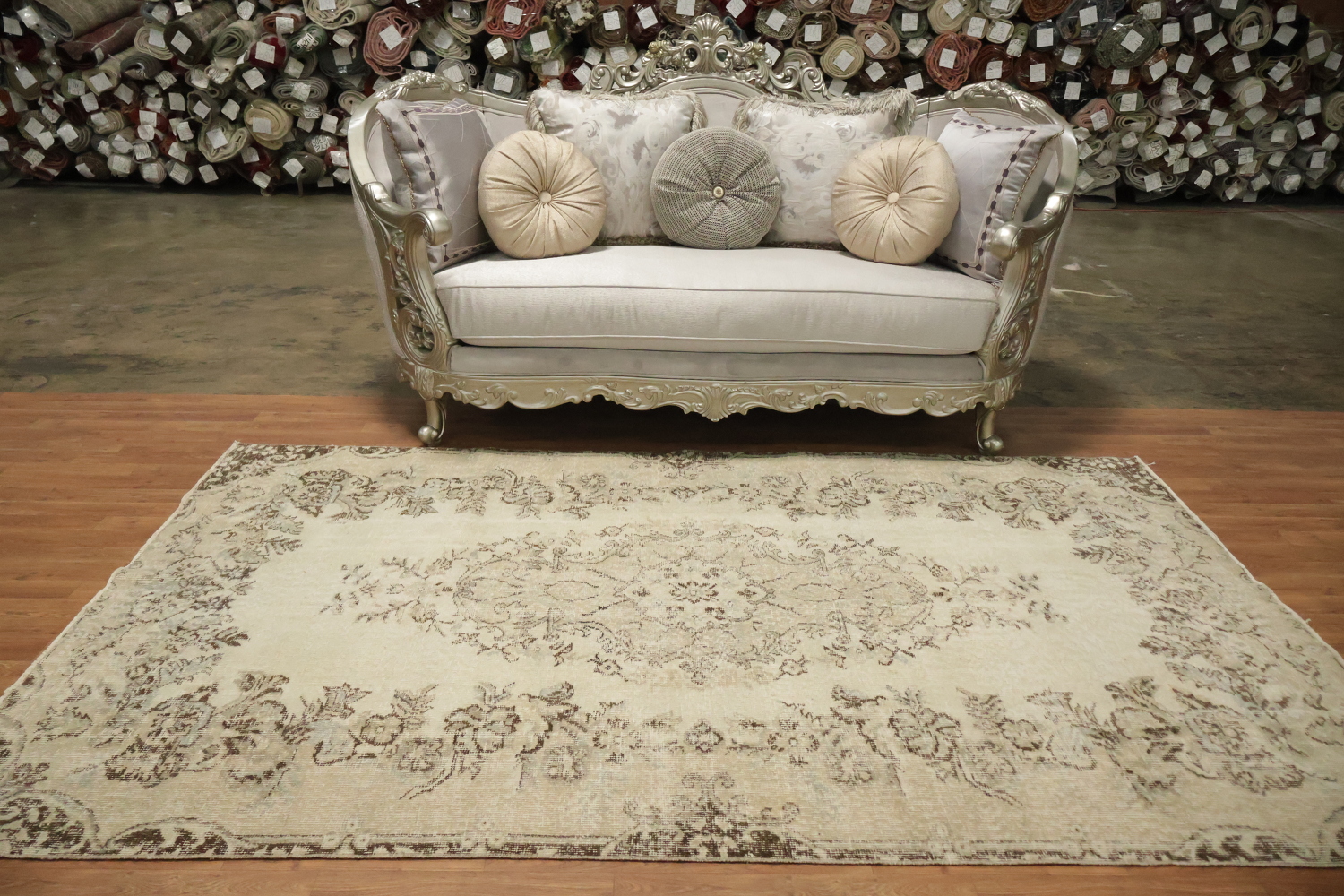 Vintage Distressed Wool Floral Turkish Area Rug 6x9