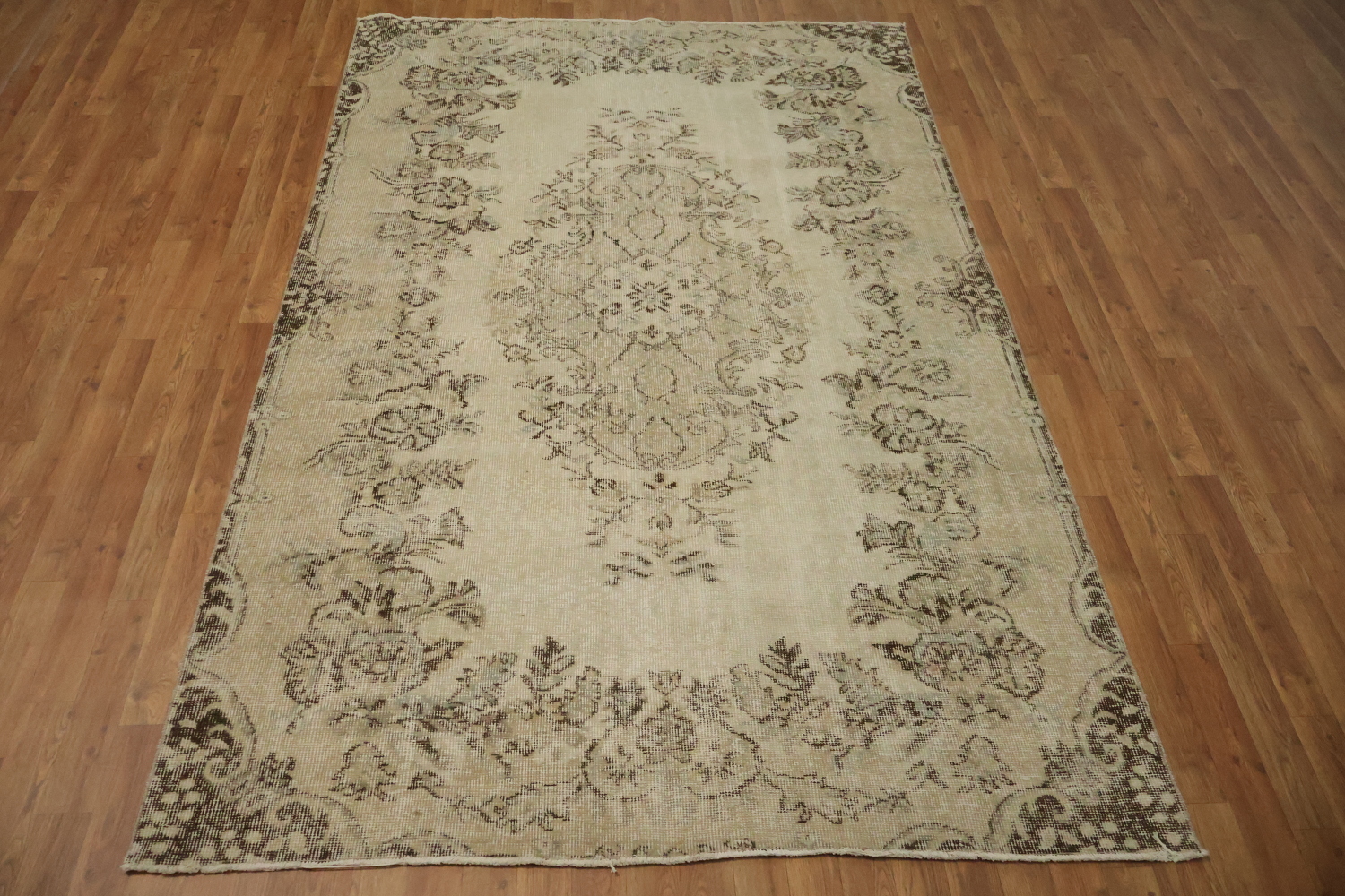 Vintage Distressed Wool Floral Turkish Area Rug 6x9