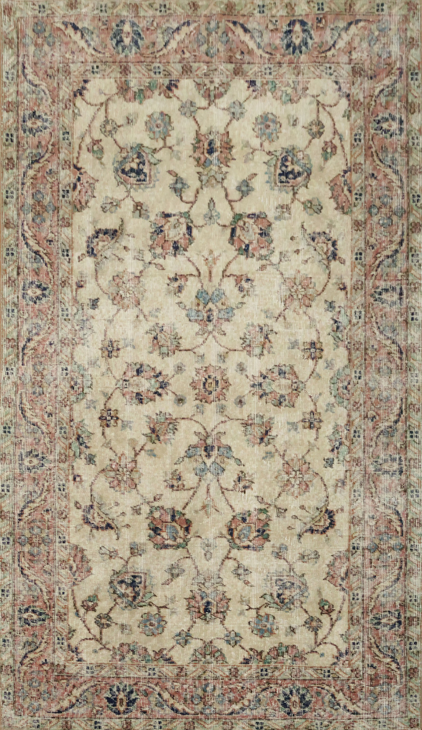 Vintage Distressed Wool Floral Turkish Rug 4x7
