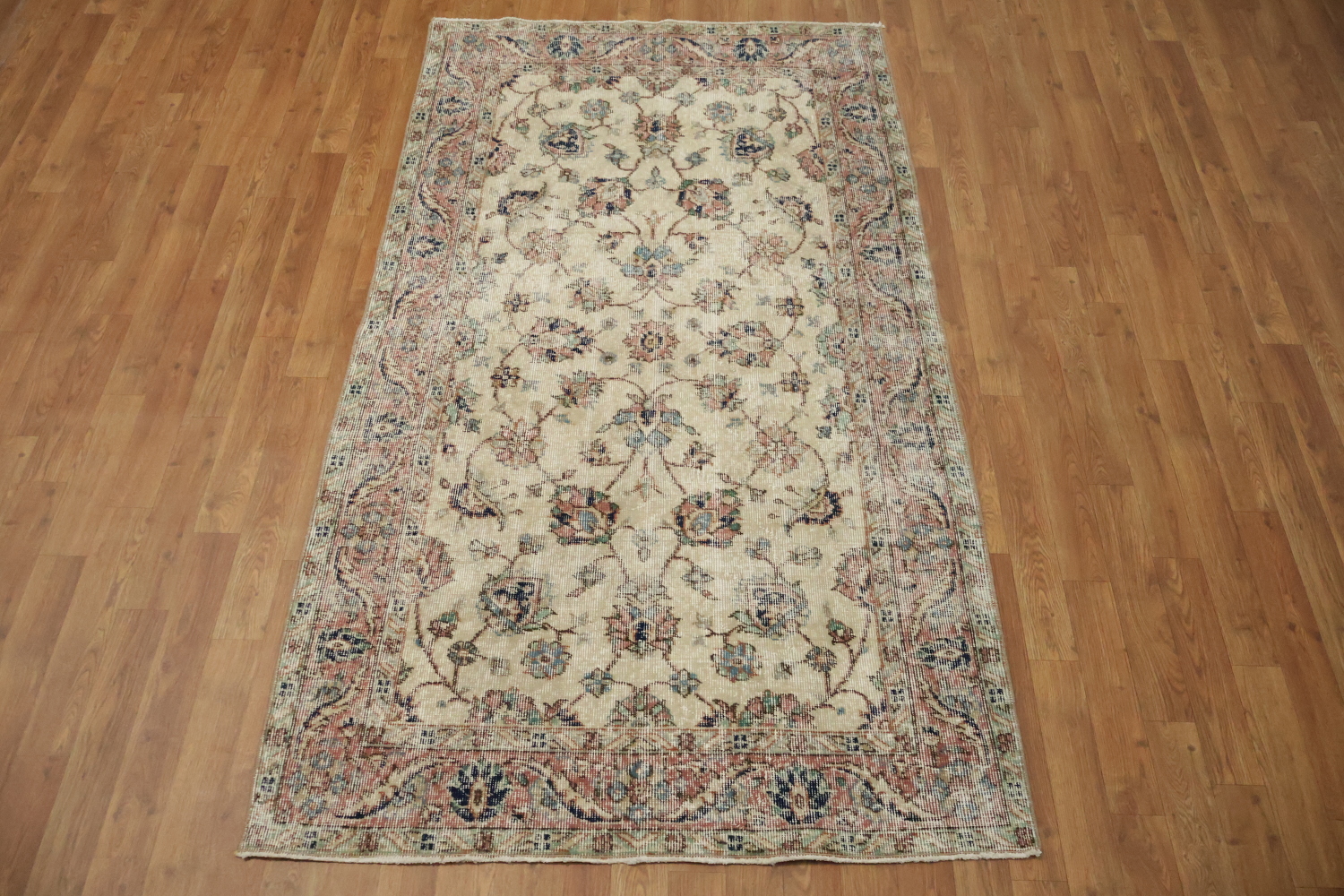 Vintage Distressed Wool Floral Turkish Rug 4x7