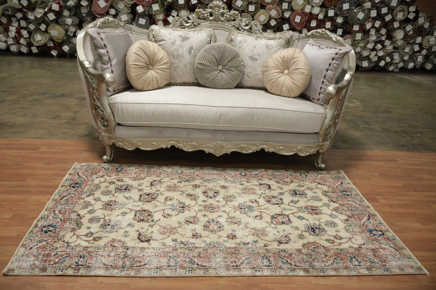 Vintage Distressed Wool Floral Turkish Rug 4x7