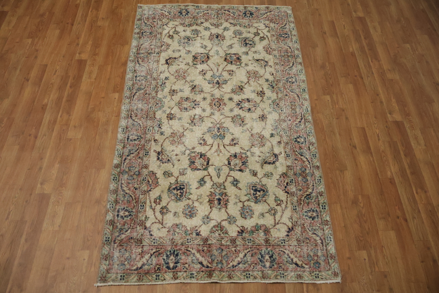 Vintage Distressed Wool Floral Turkish Rug 4x7