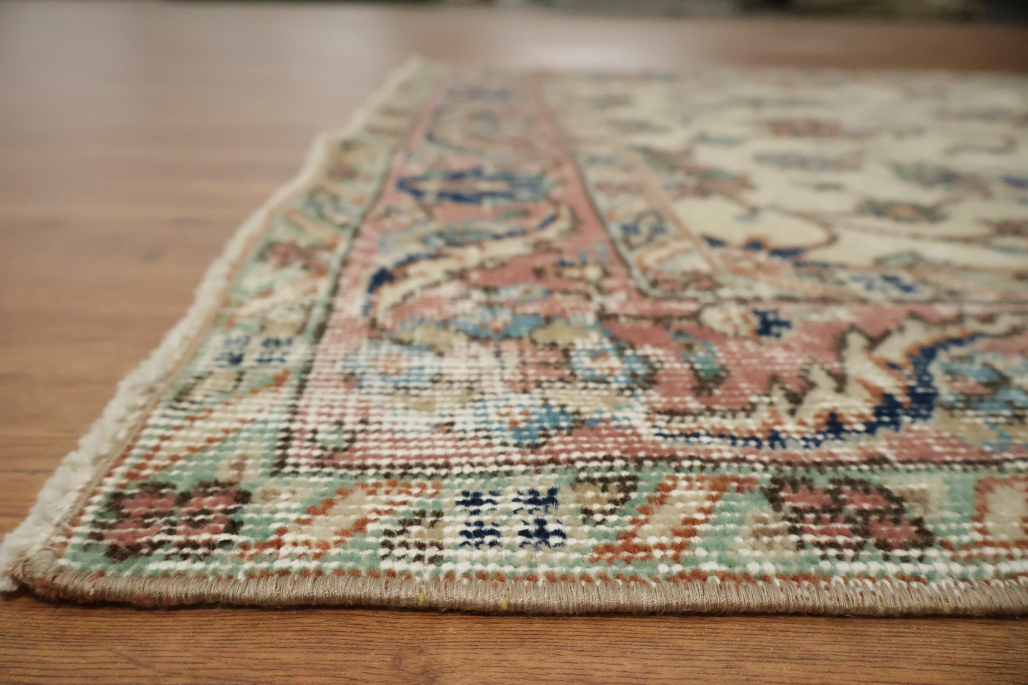 Vintage Distressed Wool Floral Turkish Rug 4x7