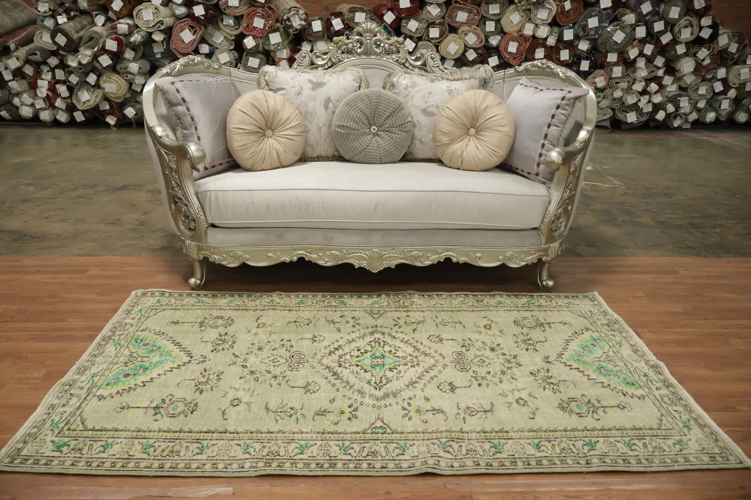 Ornate Floral Motif Area Rug in Green Wool 4x7