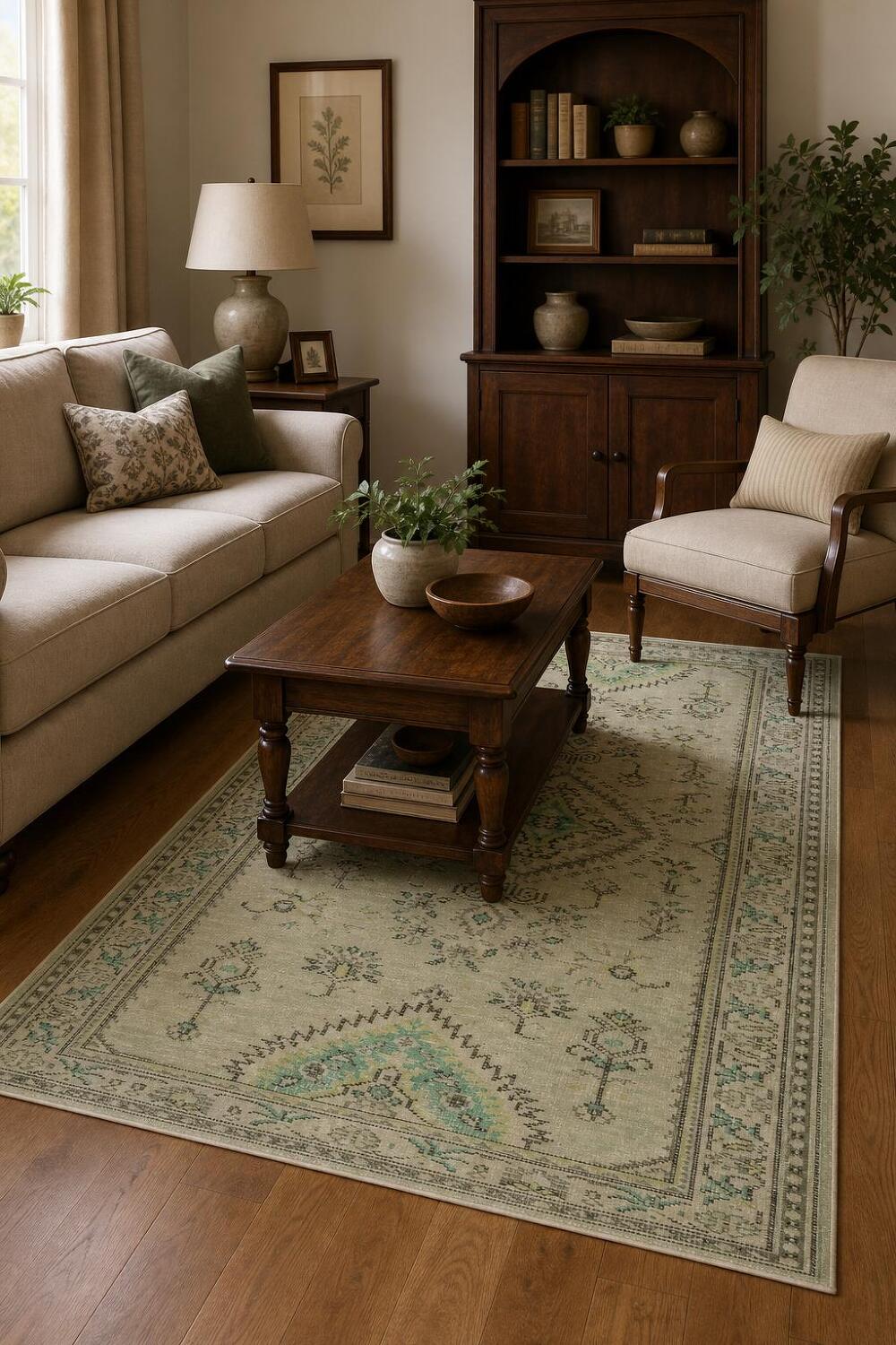 Ornate Floral Motif Area Rug in Green Wool 4x7