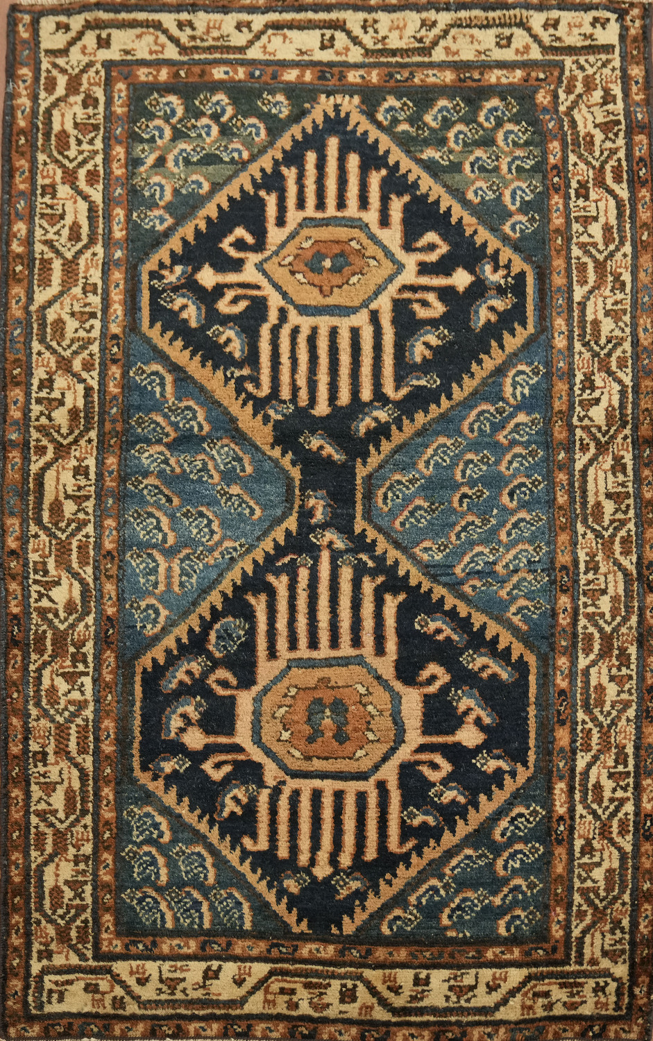 Vintage Geometric Patterned Blue Wool Malayer Rug 3x5
