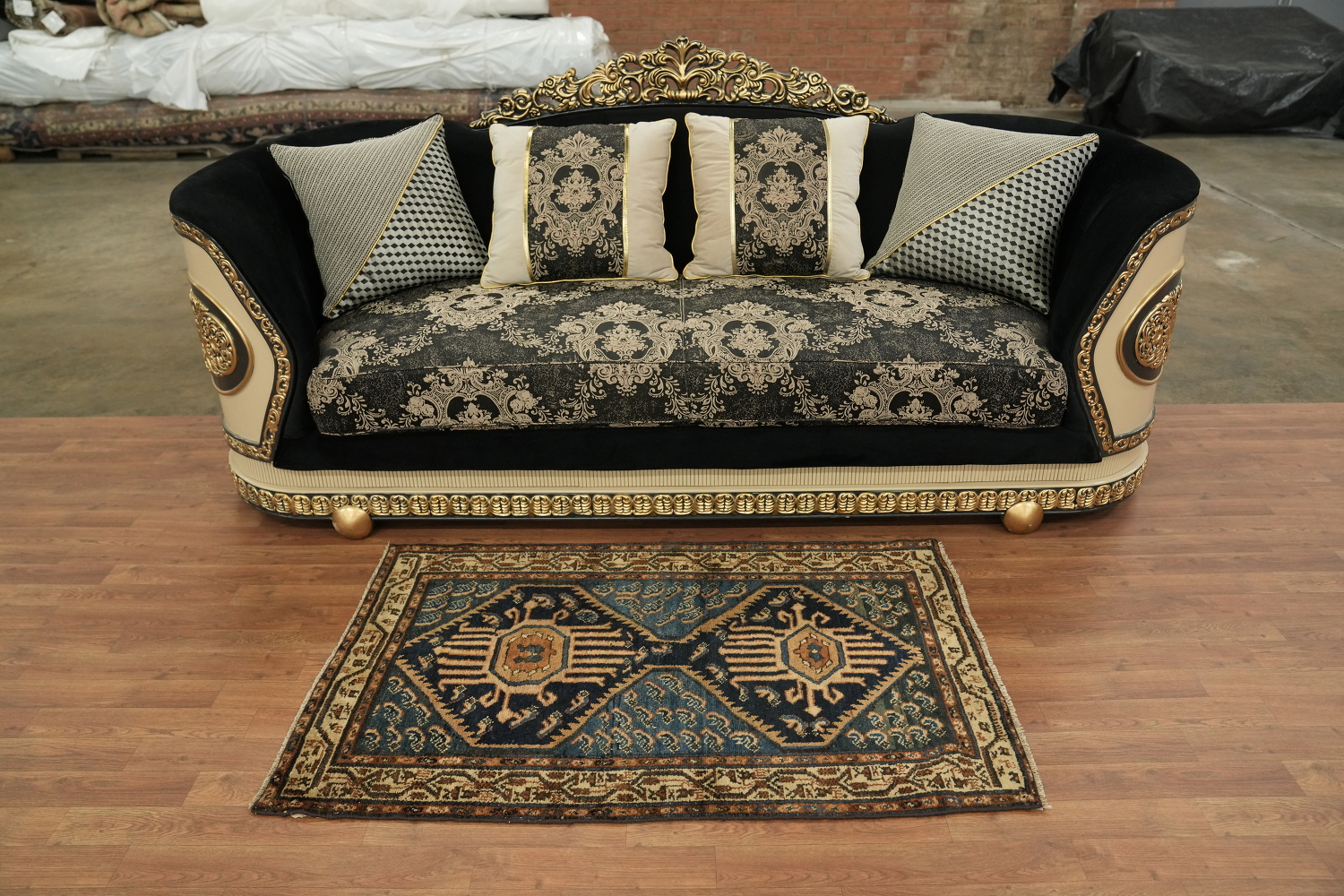 Vintage Geometric Patterned Blue Wool Malayer Rug 3x5