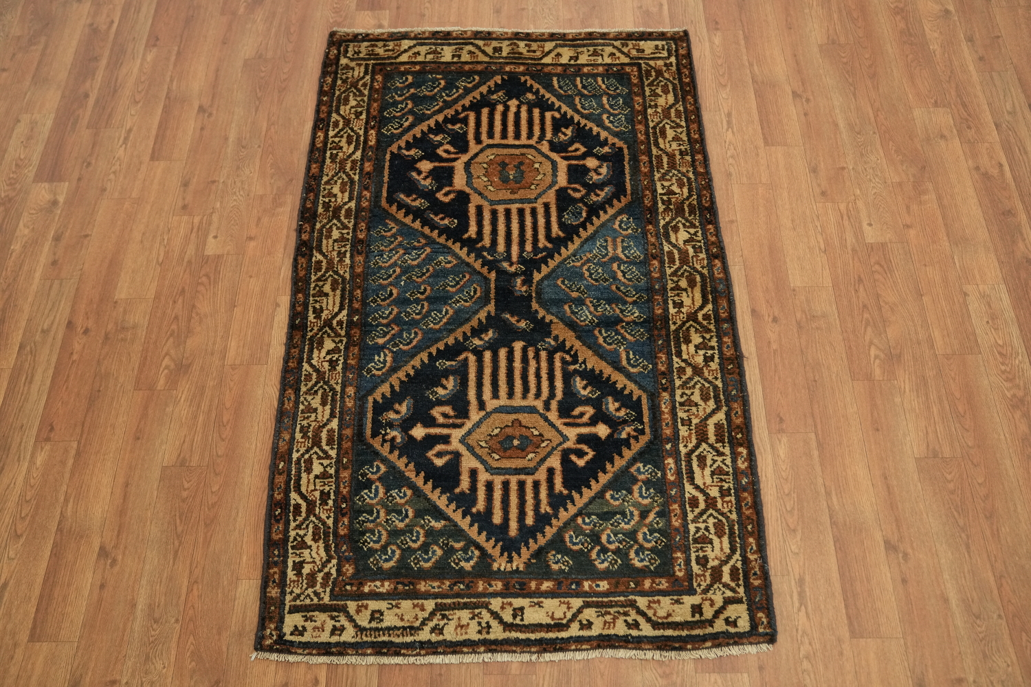 Vintage Geometric Patterned Blue Wool Malayer Rug 3x5