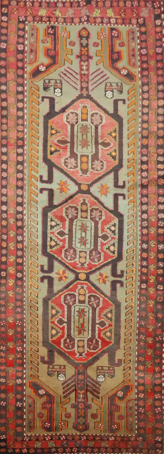 Geometric Wool Green Ardebil Persian Runner Rug 4x11