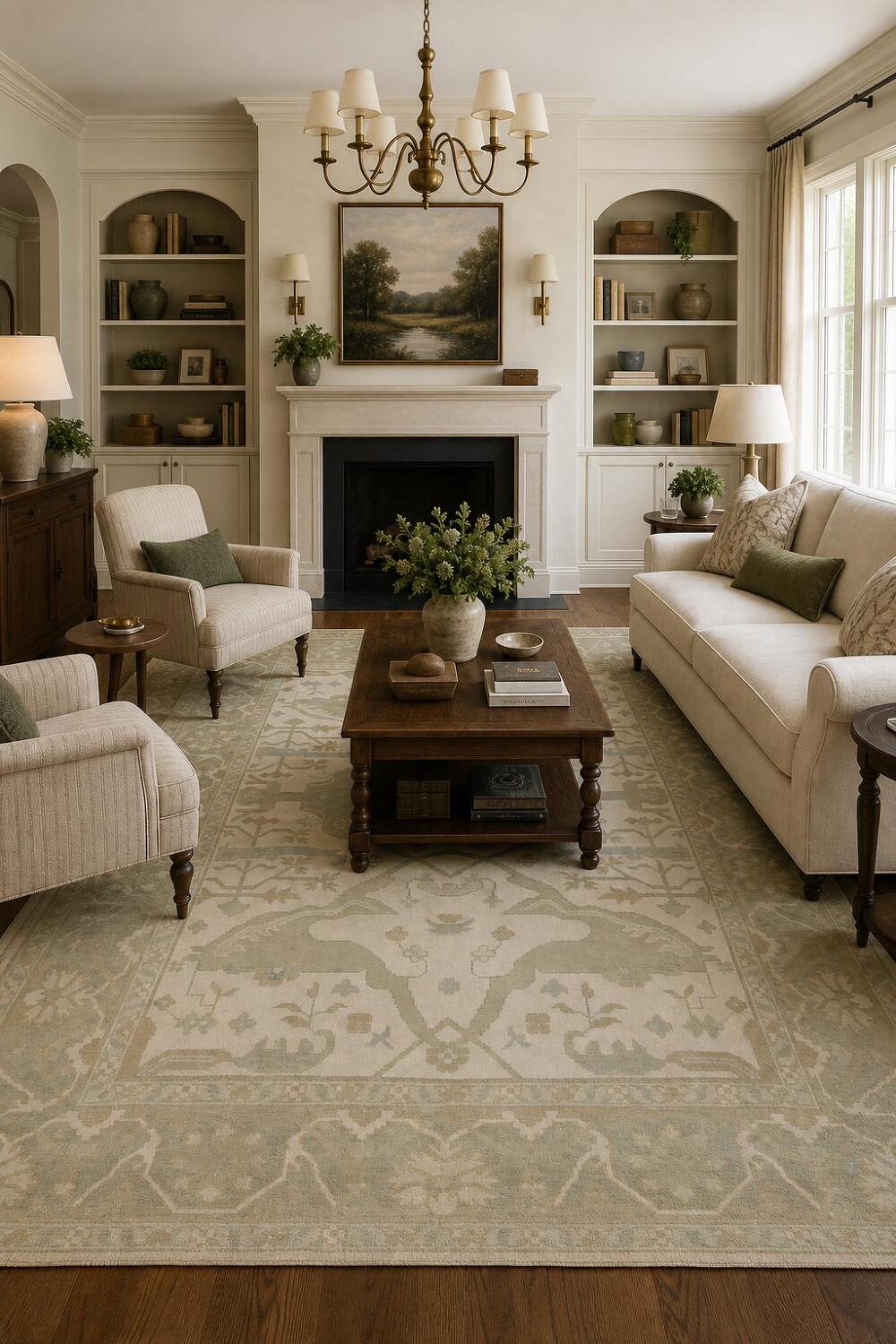 Traditional 8x10 Ivory and Light Green Oushak Hand-Knotted Area Rug