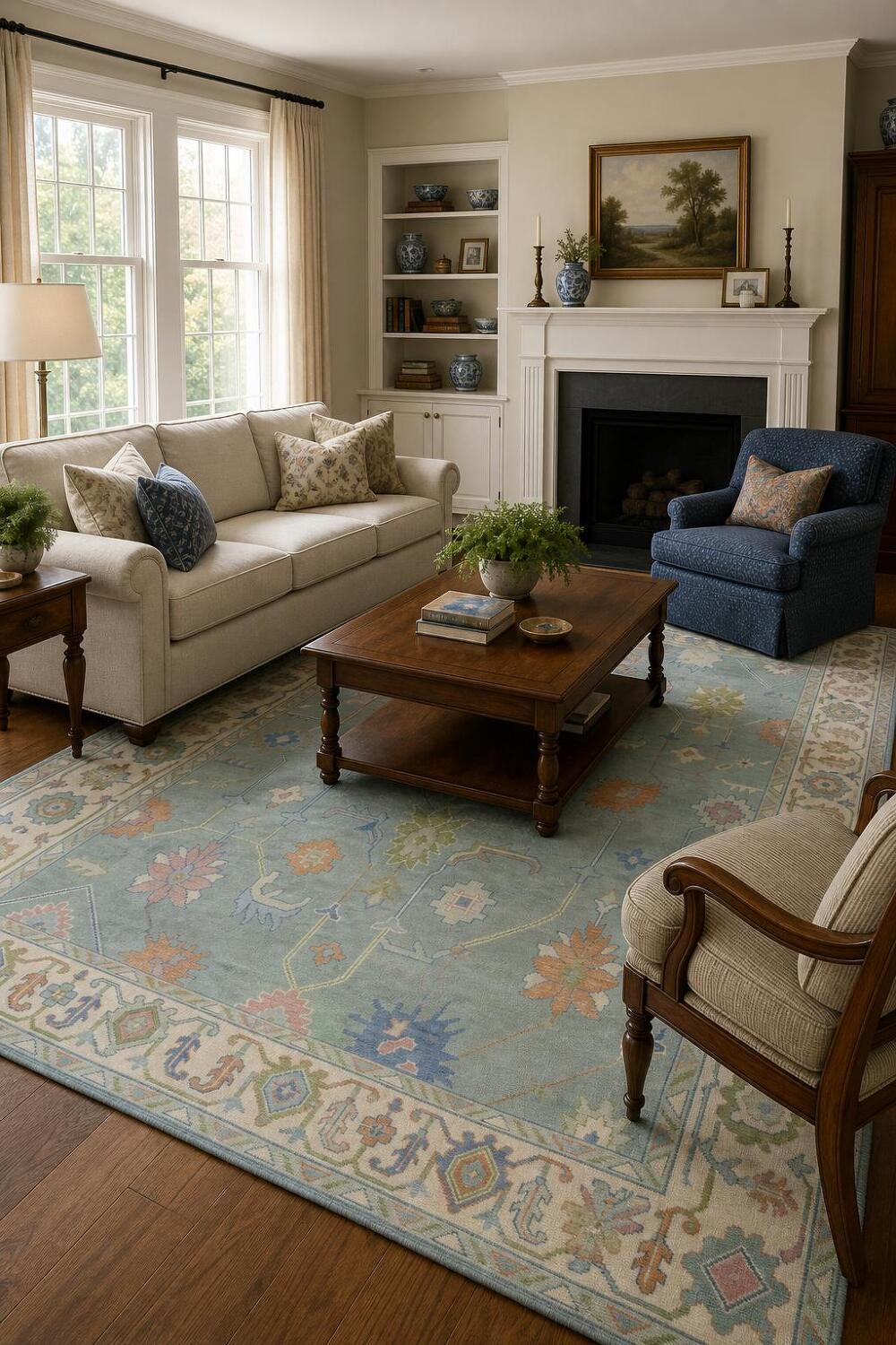 9x12 Traditional Aqua Blue Oushak Rug | Hand-Made Wool Oriental Area Rug