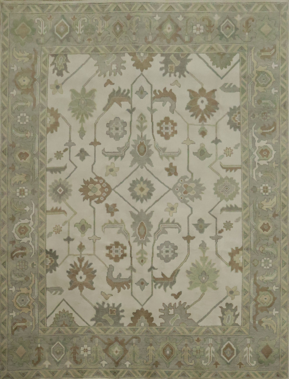 Classic Ivory and Green Oushak Indian Wool Rug with Grey Border 9x12 ft