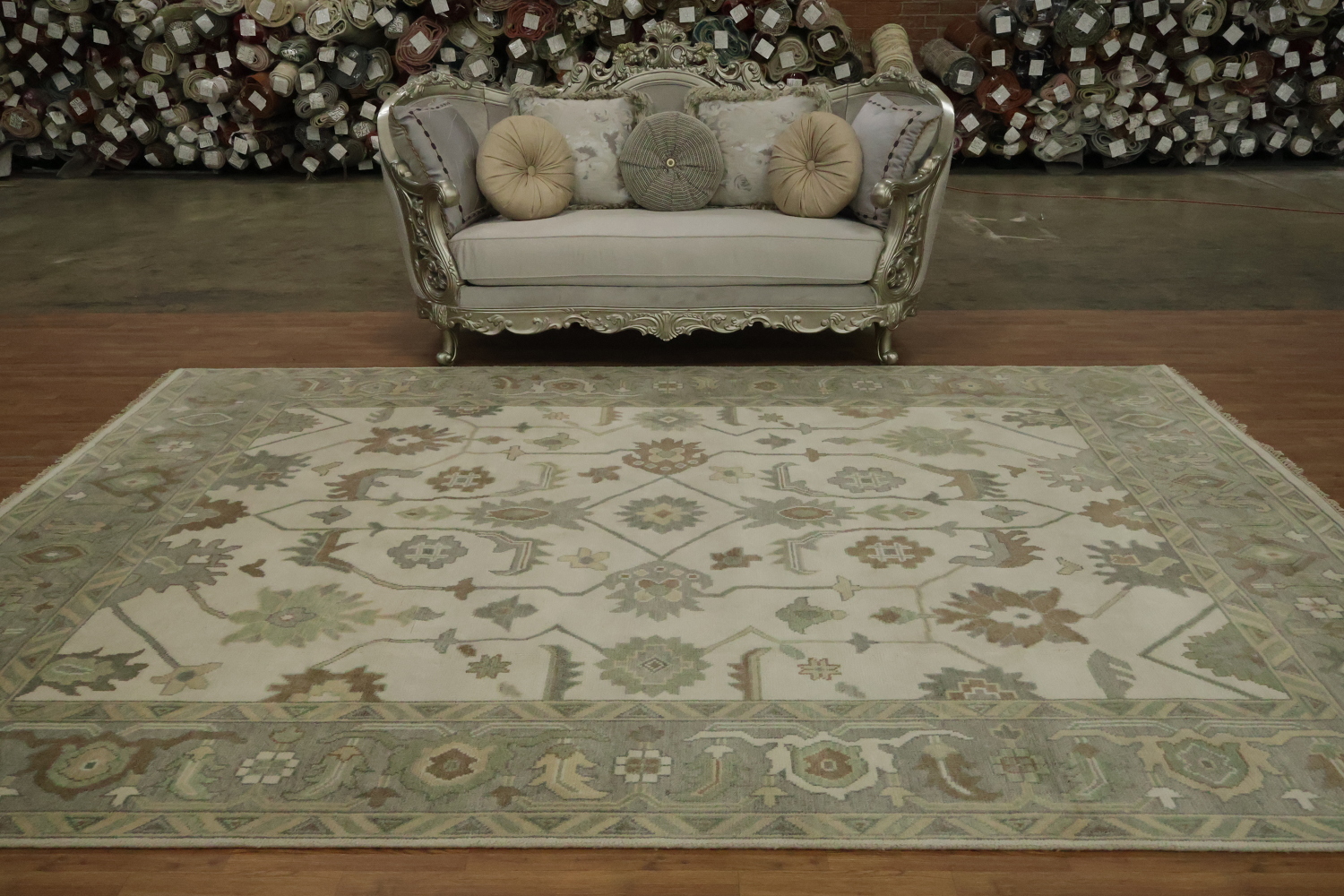Classic Ivory and Green Oushak Indian Wool Rug with Grey Border 9x12 ft