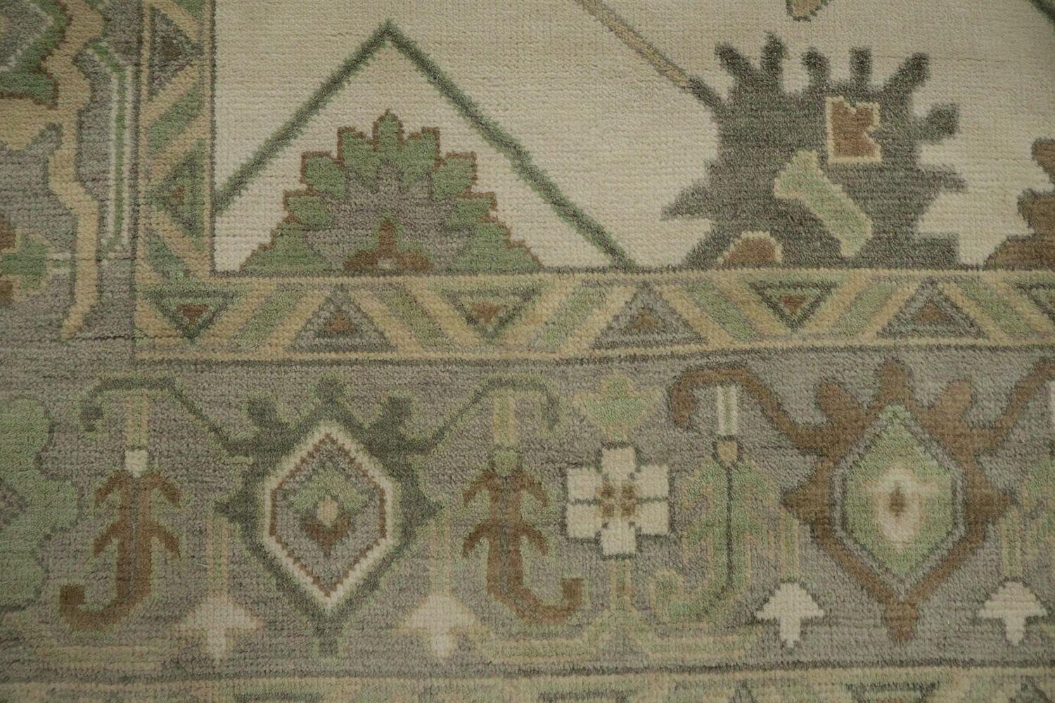 Classic Ivory and Green Oushak Indian Wool Rug with Grey Border 9x12 ft