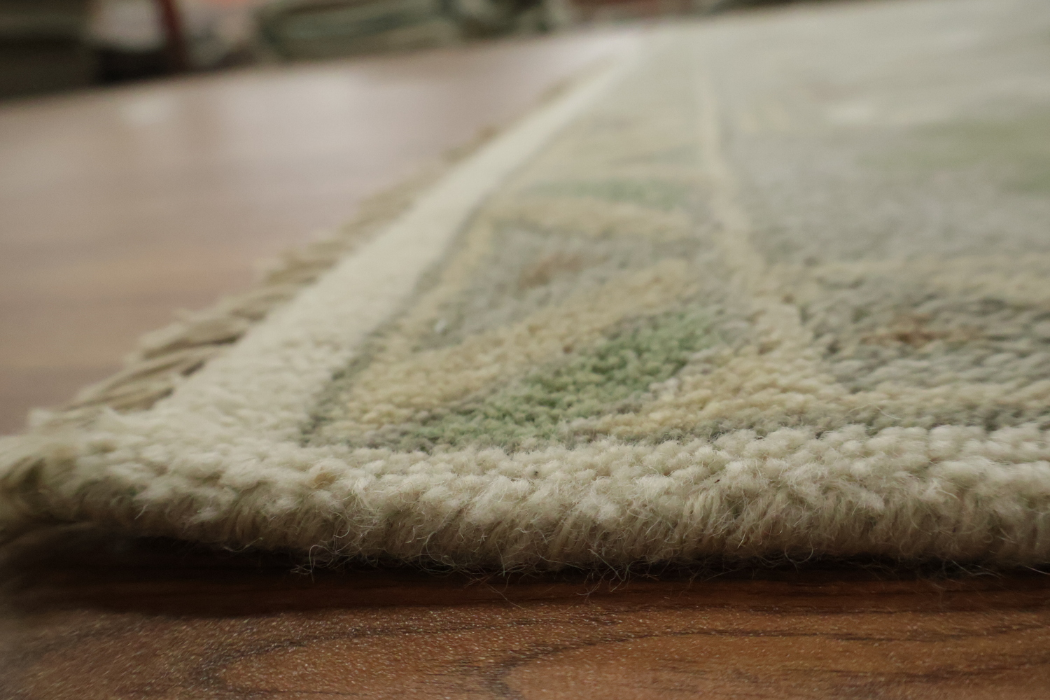 Classic Ivory and Green Oushak Indian Wool Rug with Grey Border 9x12 ft