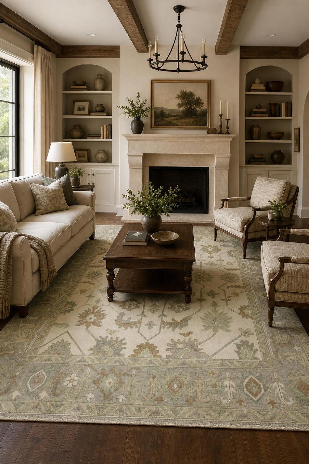 Classic Ivory and Green Oushak Indian Wool Rug with Grey Border 9x12 ft