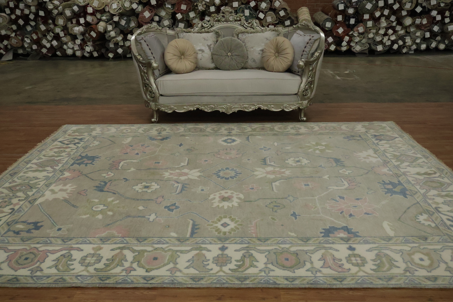 9x12 Oushak Wool Rug | Muted Green & Ivory Traditional Area Rug