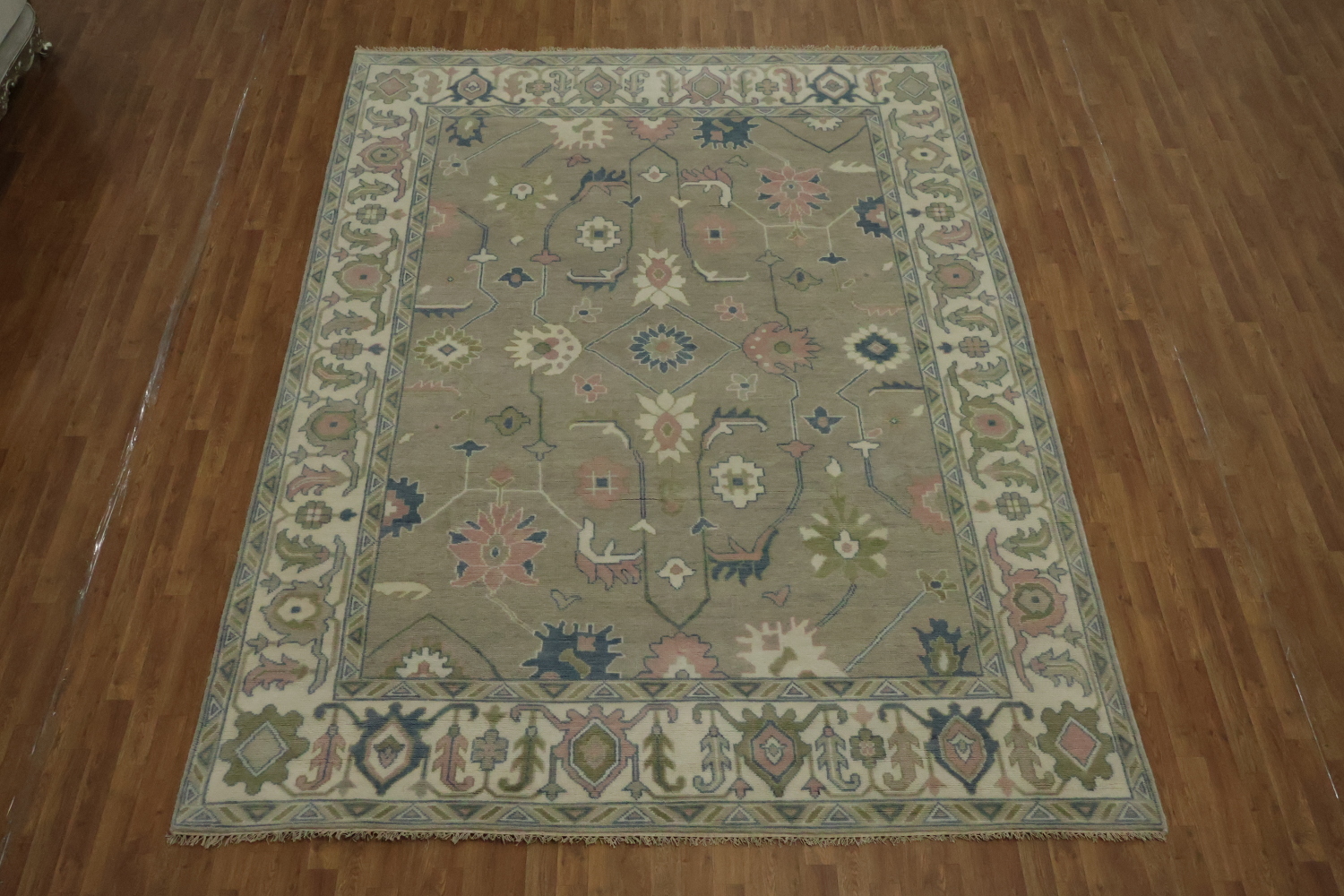 9x12 Oushak Wool Rug | Muted Green & Ivory Traditional Area Rug