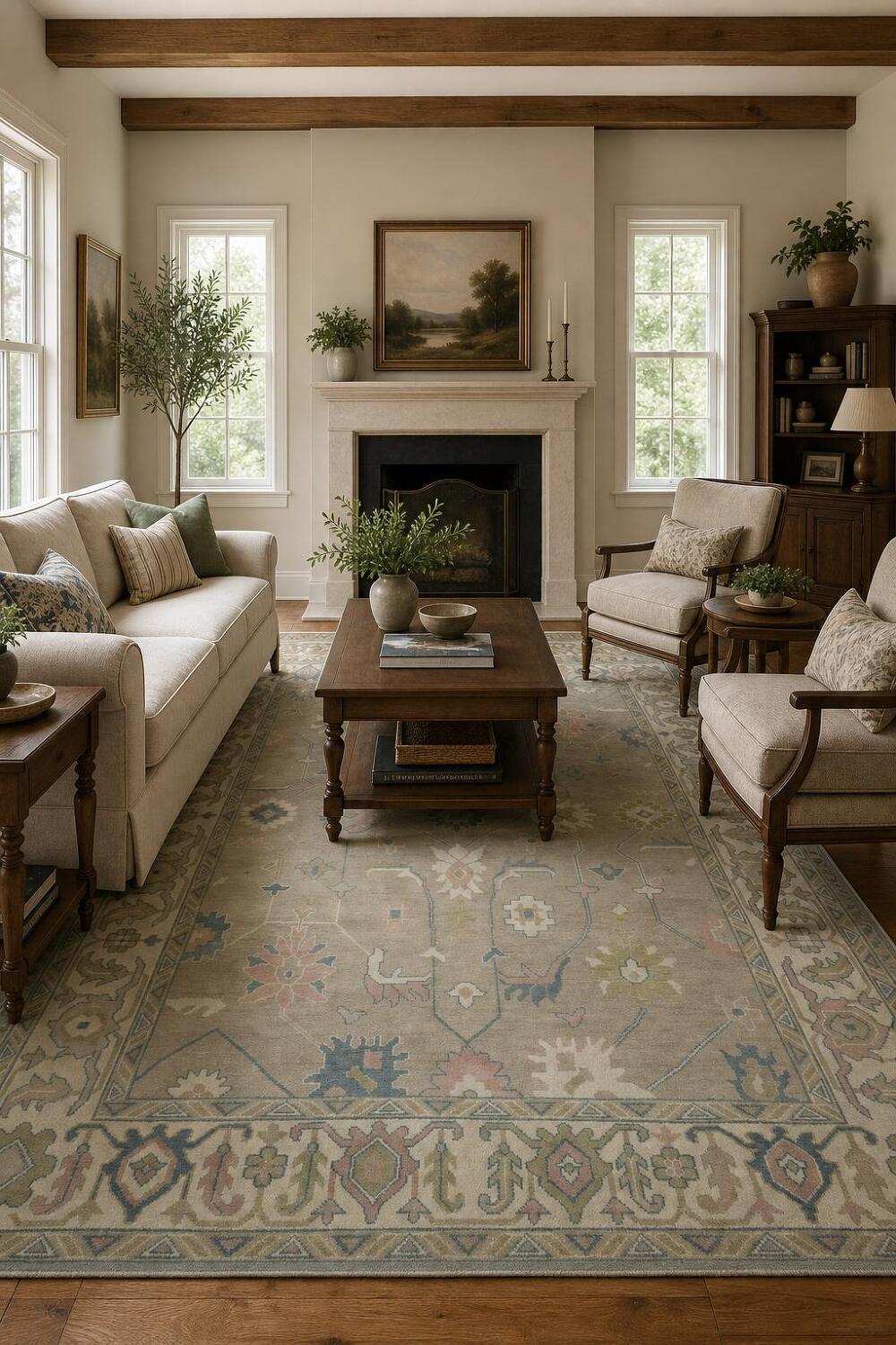 9x12 Oushak Wool Rug | Muted Green & Ivory Traditional Area Rug