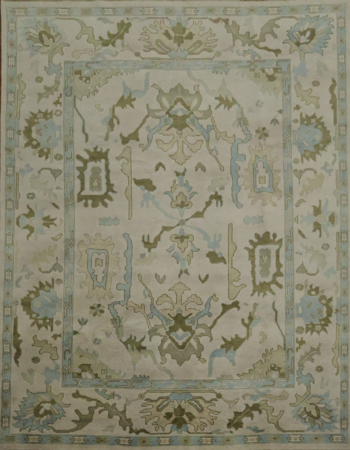 Traditional Al-Over Beige and Blue Oushak Hand Made Wool Rug 9x12