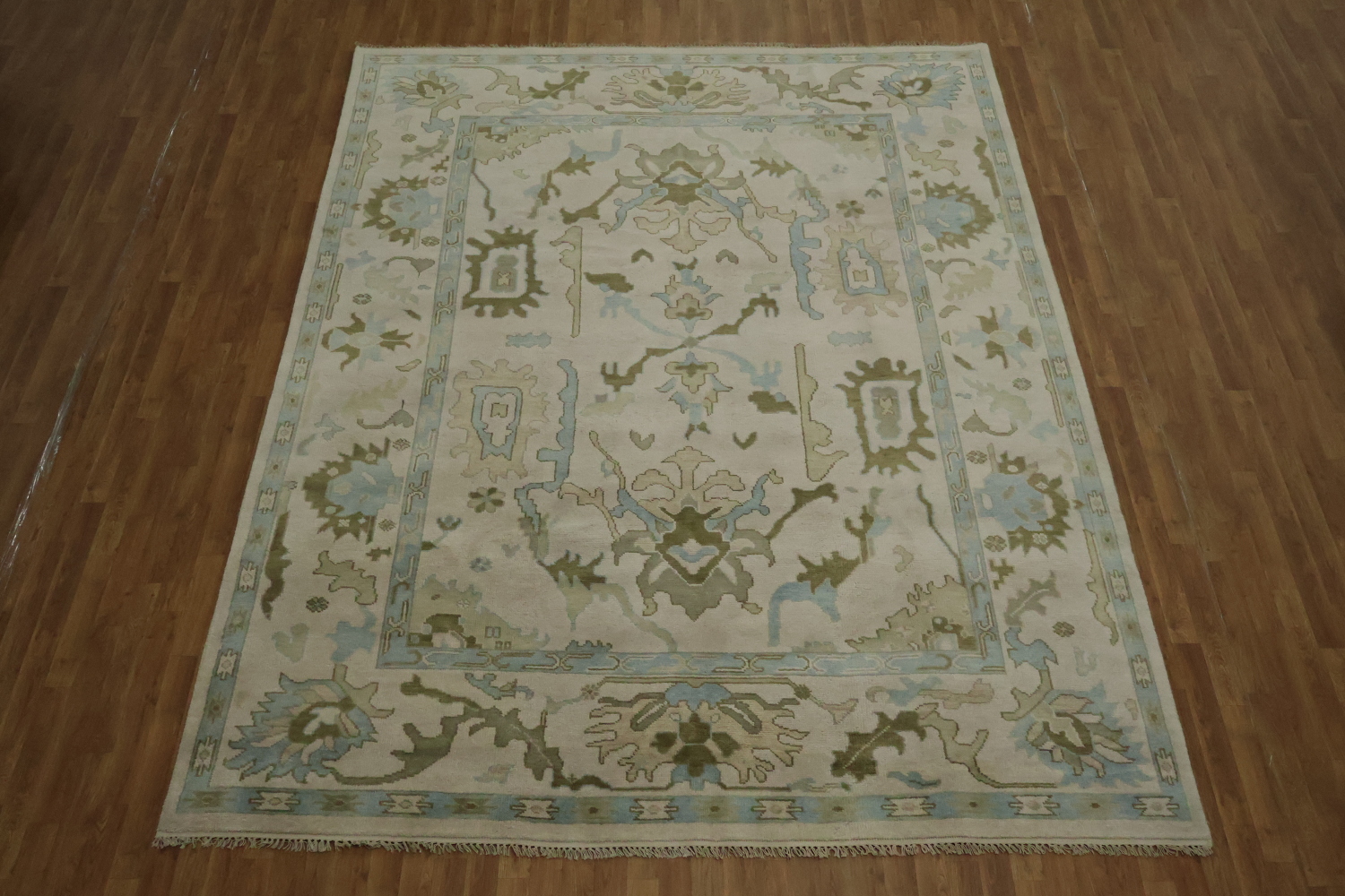 Traditional Al-Over Beige and Blue Oushak Hand Made Wool Rug 9x12