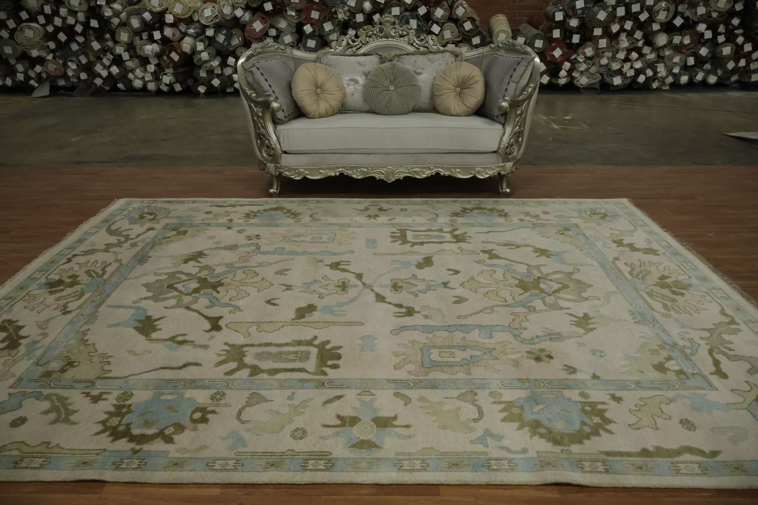 Traditional Al-Over Beige and Blue Oushak Hand Made Wool Rug 9x12