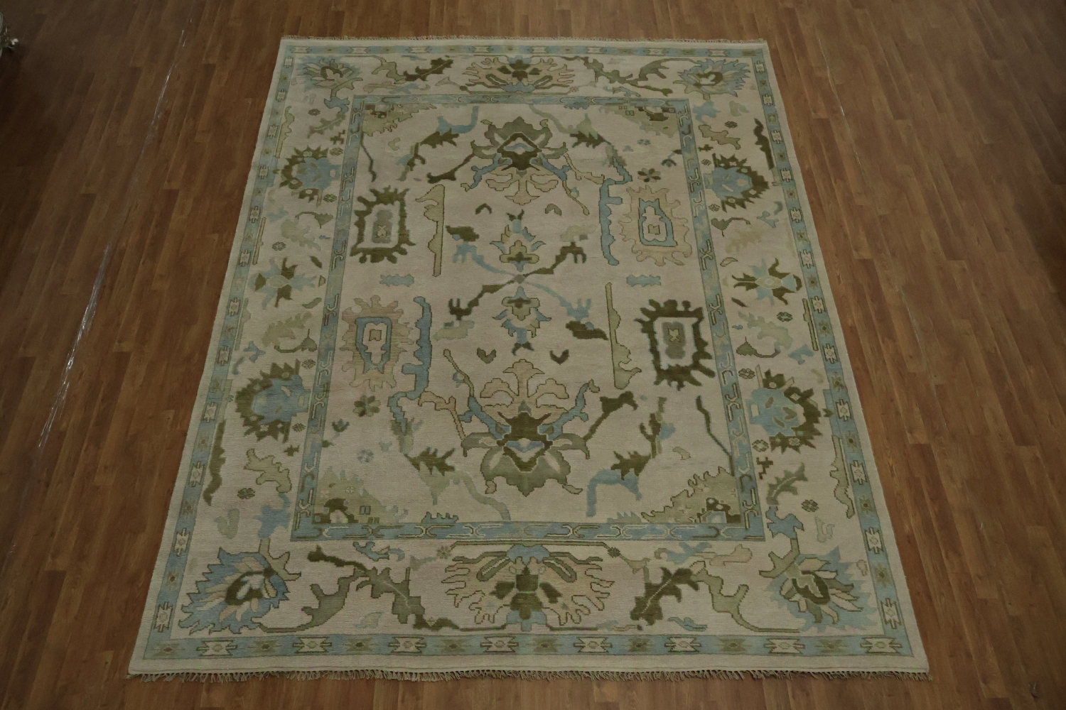Traditional Al-Over Beige and Blue Oushak Hand Made Wool Rug 9x12