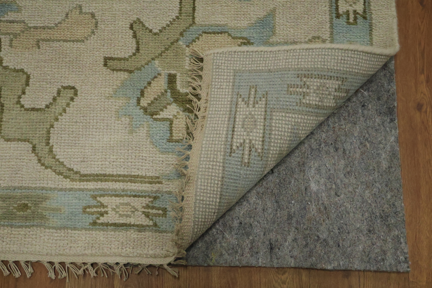 Traditional Al-Over Beige and Blue Oushak Hand Made Wool Rug 9x12