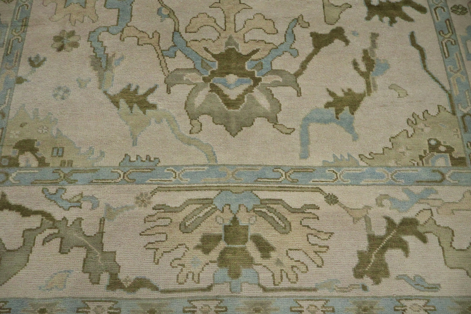 Traditional Al-Over Beige and Blue Oushak Hand Made Wool Rug 9x12