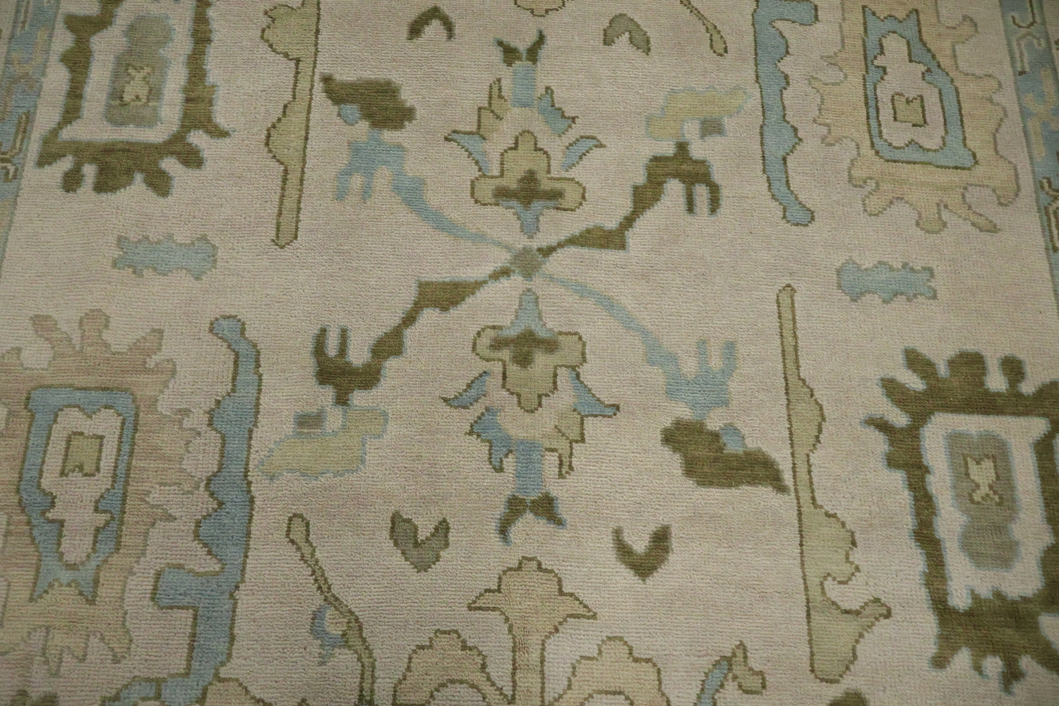 Traditional Al-Over Beige and Blue Oushak Hand Made Wool Rug 9x12