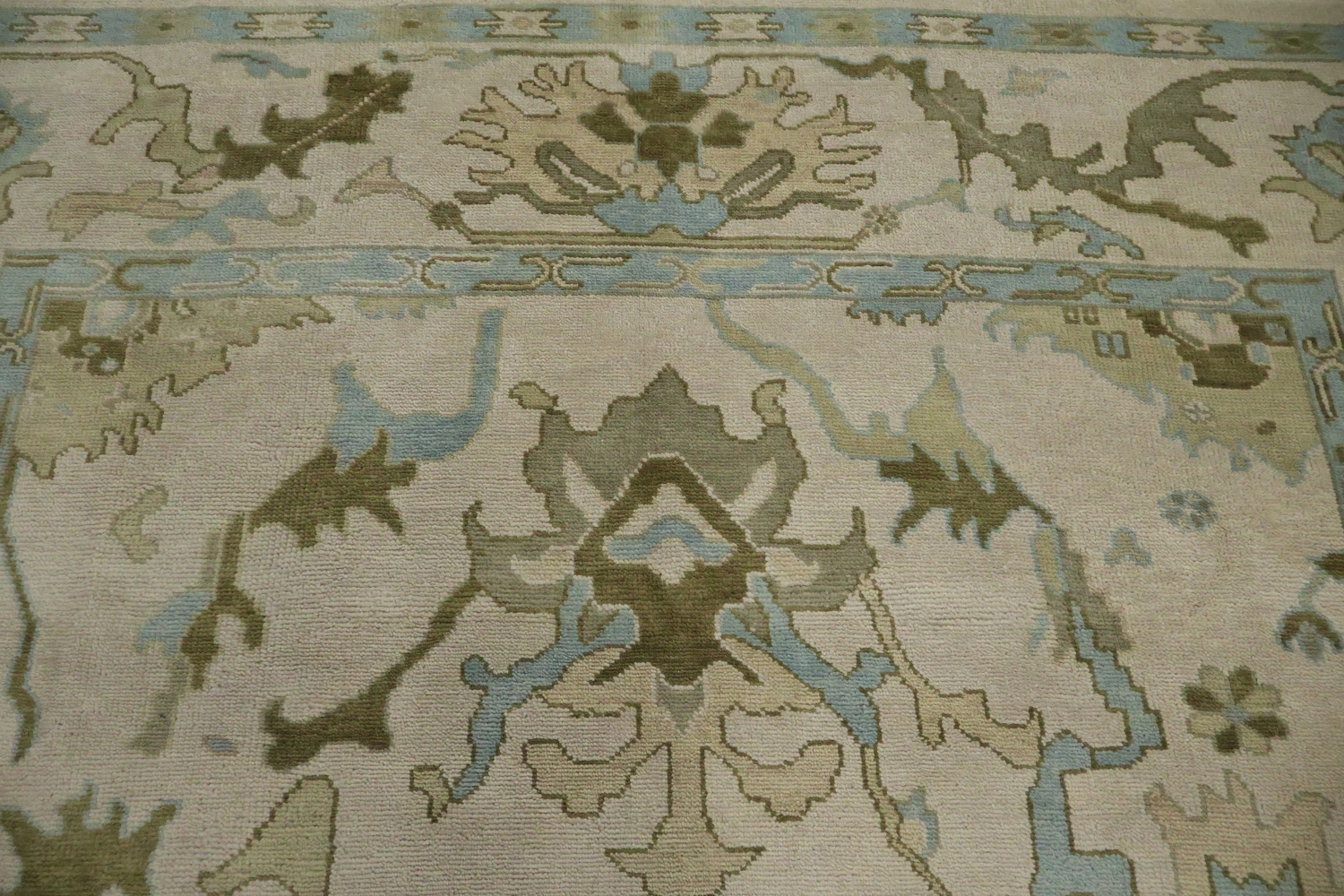 Traditional Al-Over Beige and Blue Oushak Hand Made Wool Rug 9x12