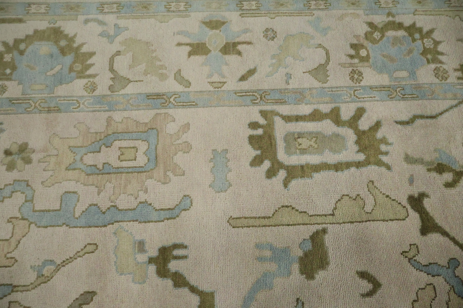 Traditional Al-Over Beige and Blue Oushak Hand Made Wool Rug 9x12
