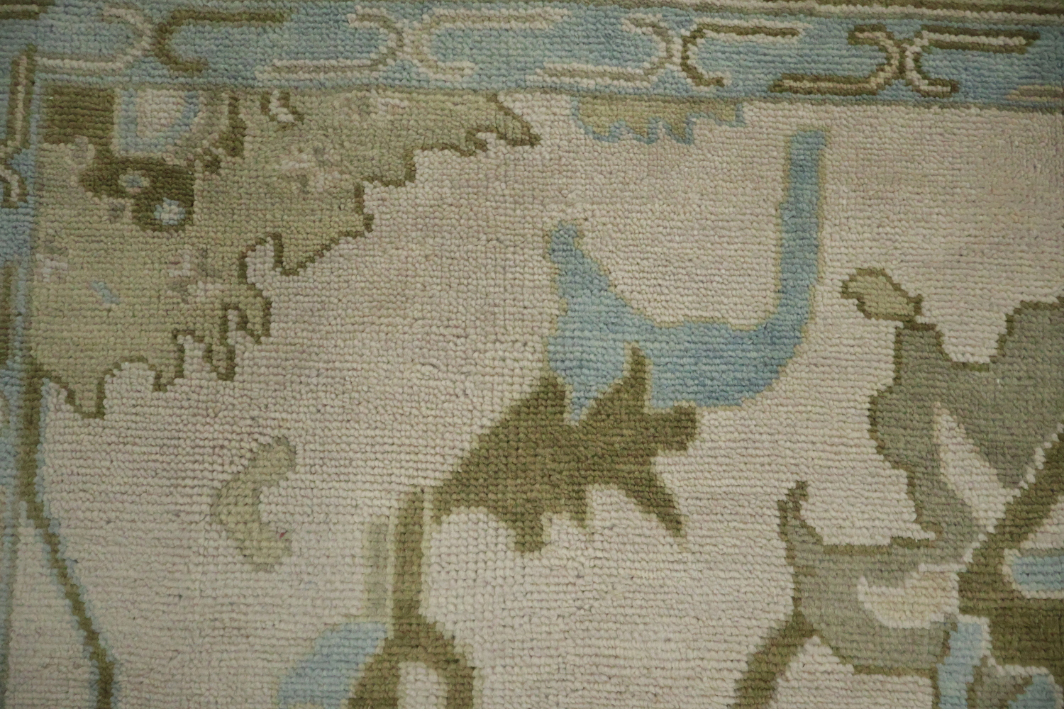 Traditional Al-Over Beige and Blue Oushak Hand Made Wool Rug 9x12