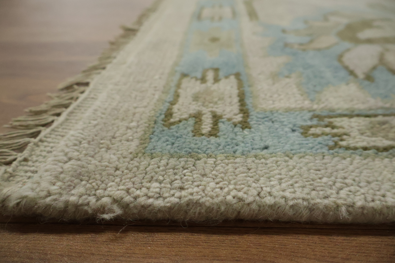 Traditional Al-Over Beige and Blue Oushak Hand Made Wool Rug 9x12