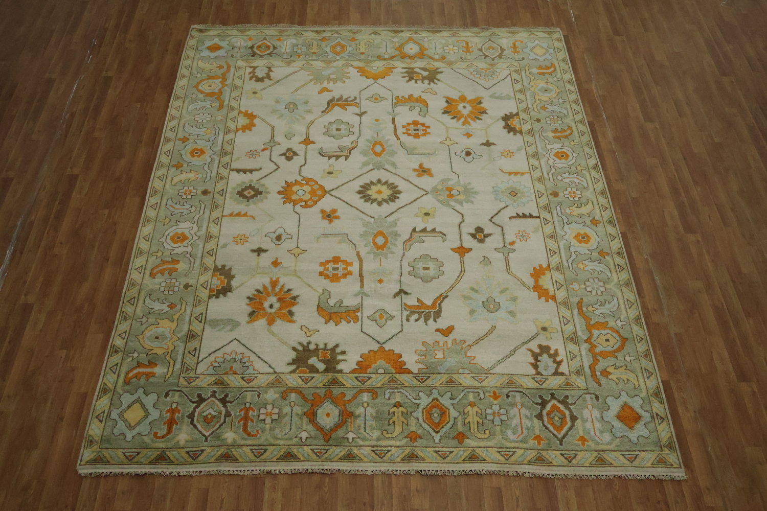 Traditional Oushak Hand Made Ivory and Orange Wool Rug 9x12 ft