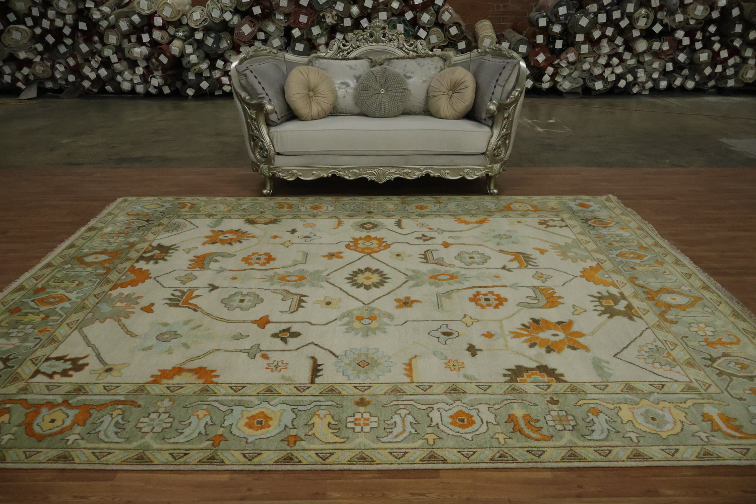 Traditional Oushak Hand Made Ivory and Orange Wool Rug 9x12 ft