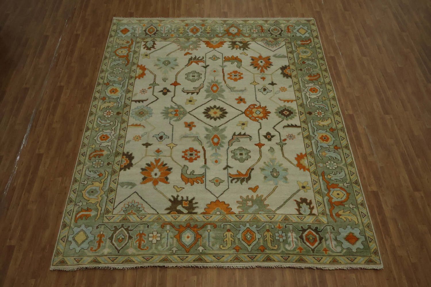 Traditional Oushak Hand Made Ivory and Orange Wool Rug 9x12 ft