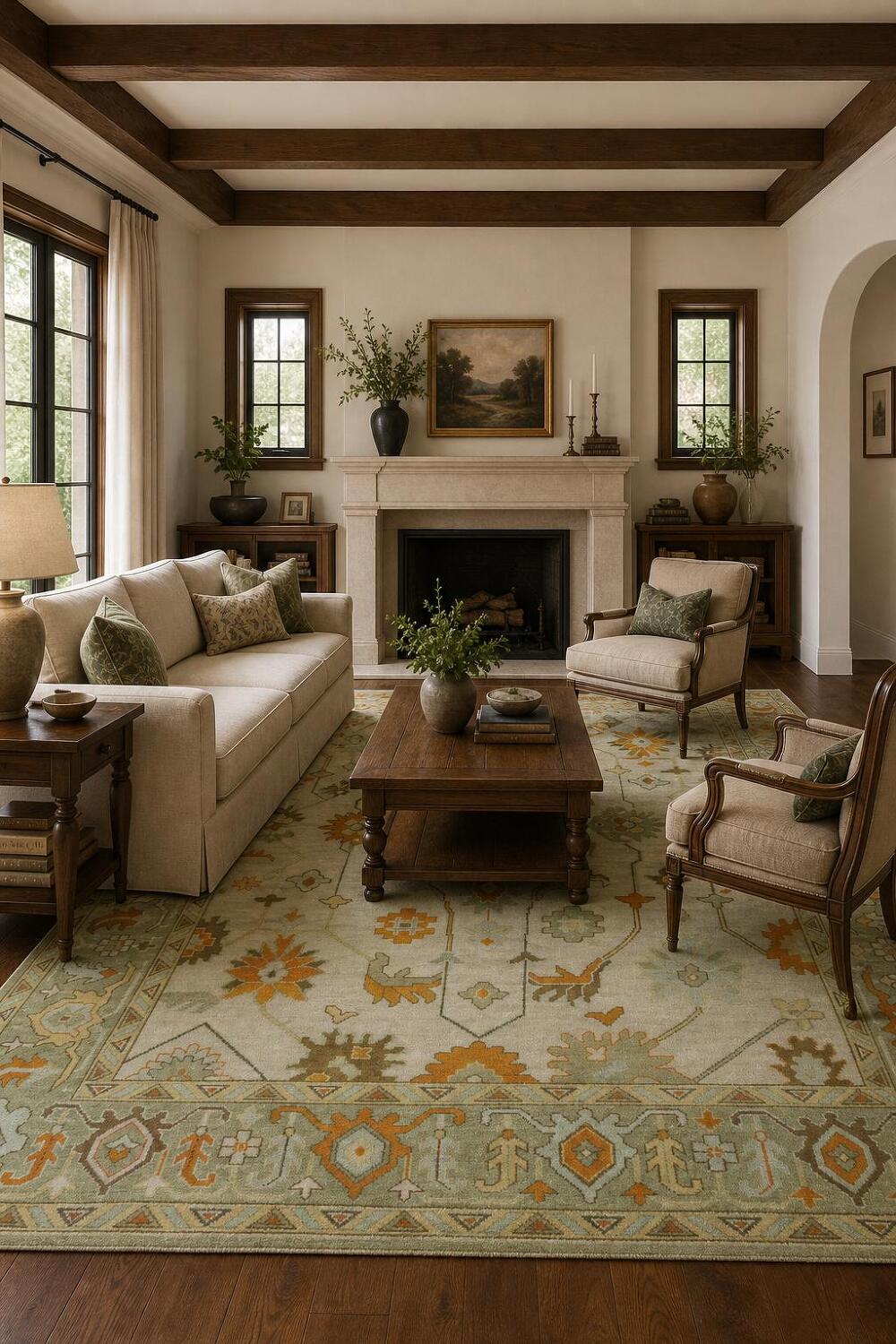 Traditional Oushak Hand Made Ivory and Orange Wool Rug 9x12 ft