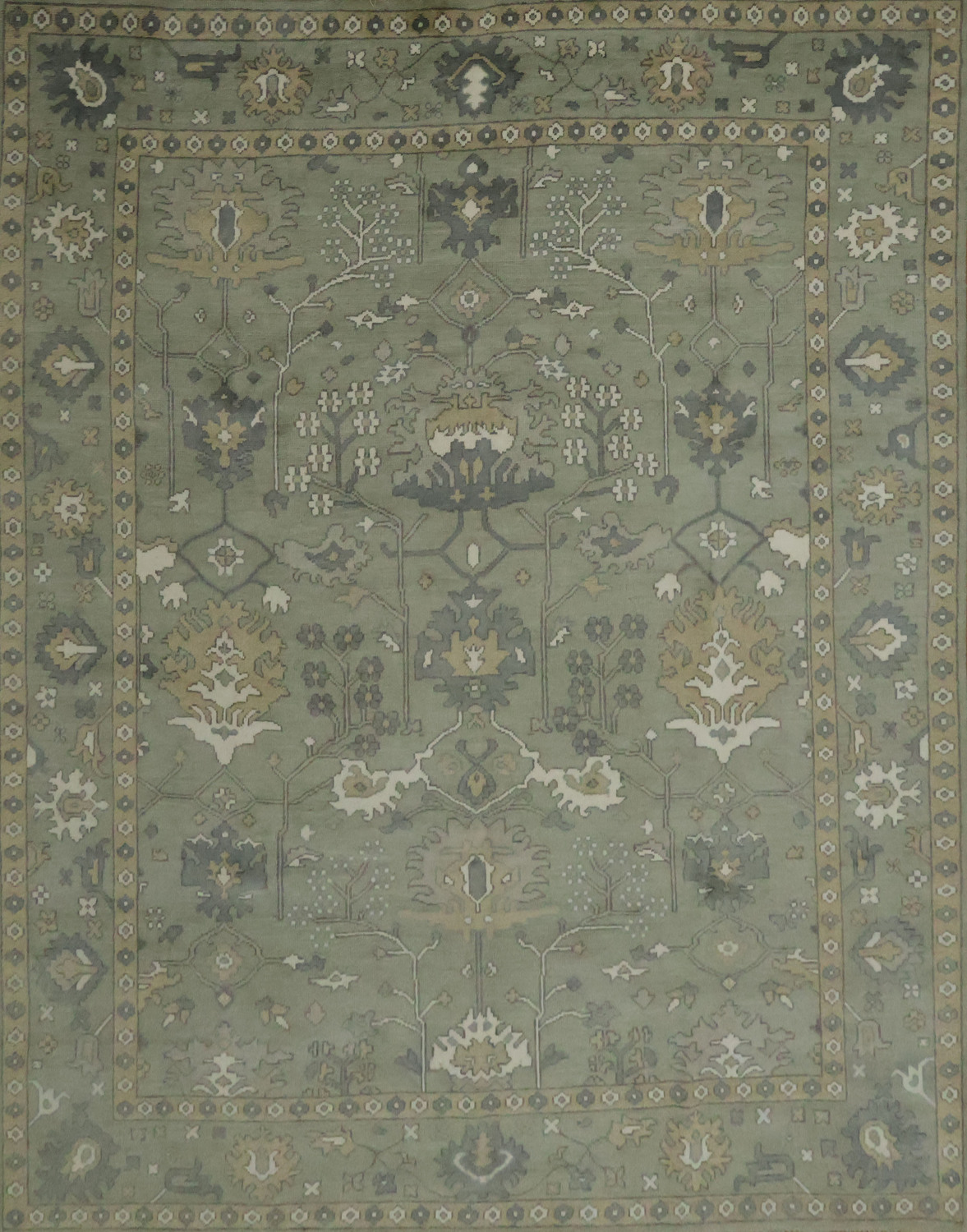 All-Over Floral Green Oushak Hand-Knotted Wool Area Rug 9x12