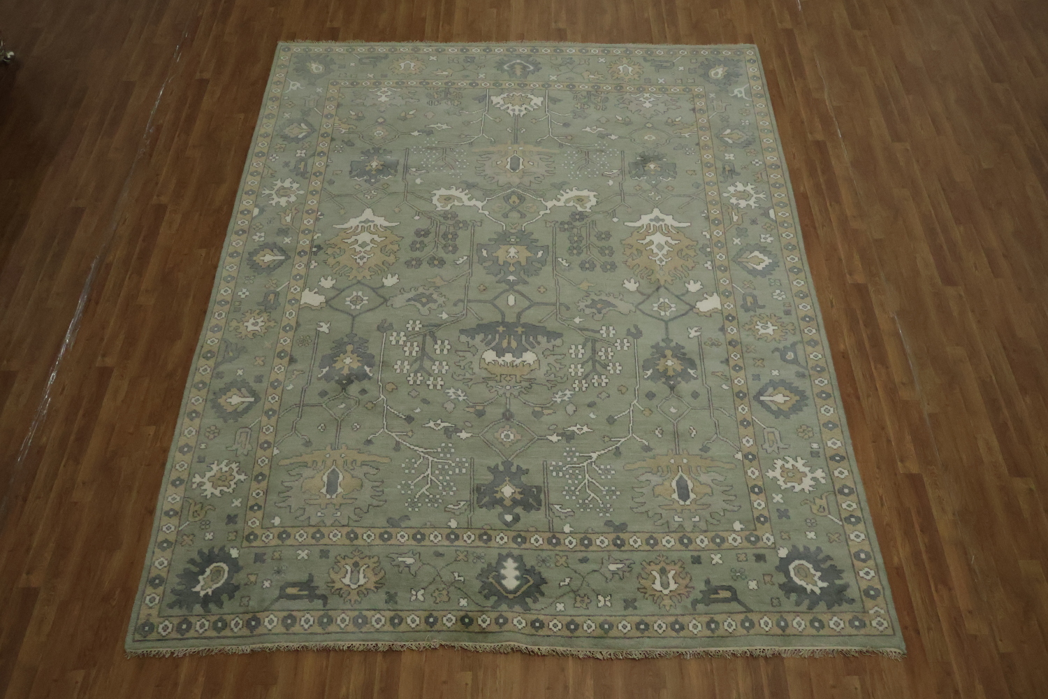 All-Over Floral Green Oushak Hand-Knotted Wool Area Rug 9x12