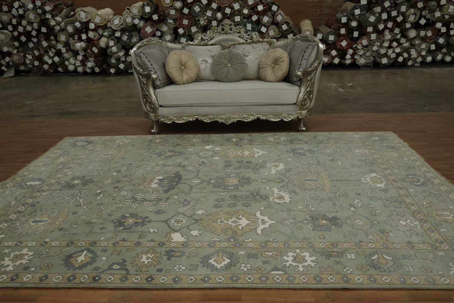 All-Over Floral Green Oushak Hand-Knotted Wool Area Rug 9x12
