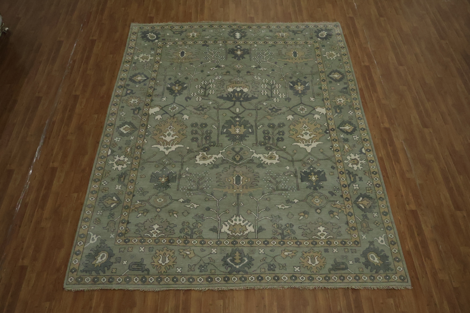 All-Over Floral Green Oushak Hand-Knotted Wool Area Rug 9x12