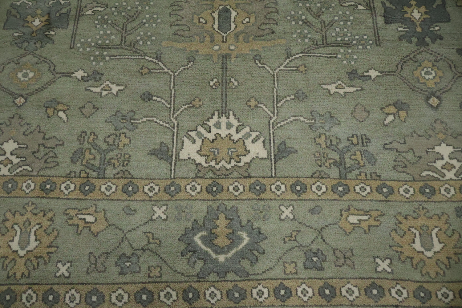 All-Over Floral Green Oushak Hand-Knotted Wool Area Rug 9x12