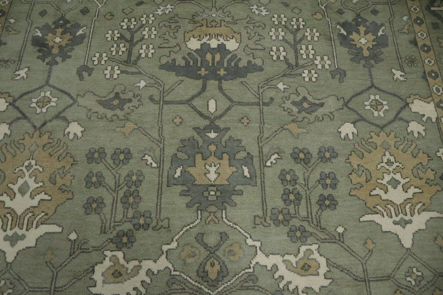 All-Over Floral Green Oushak Hand-Knotted Wool Area Rug 9x12