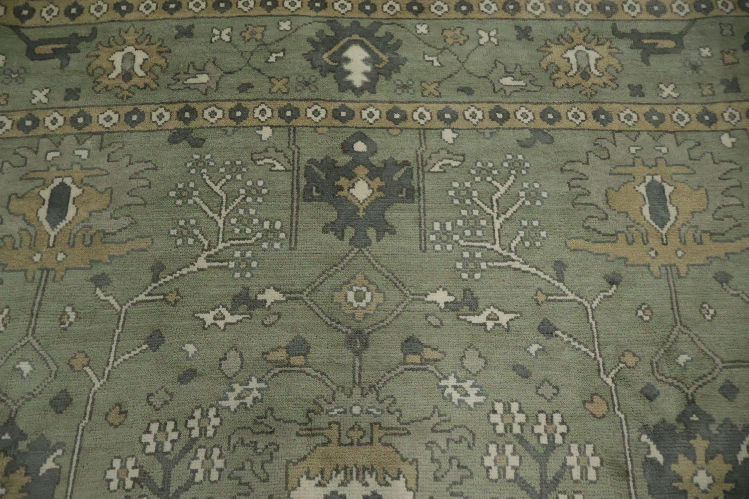 All-Over Floral Green Oushak Hand-Knotted Wool Area Rug 9x12