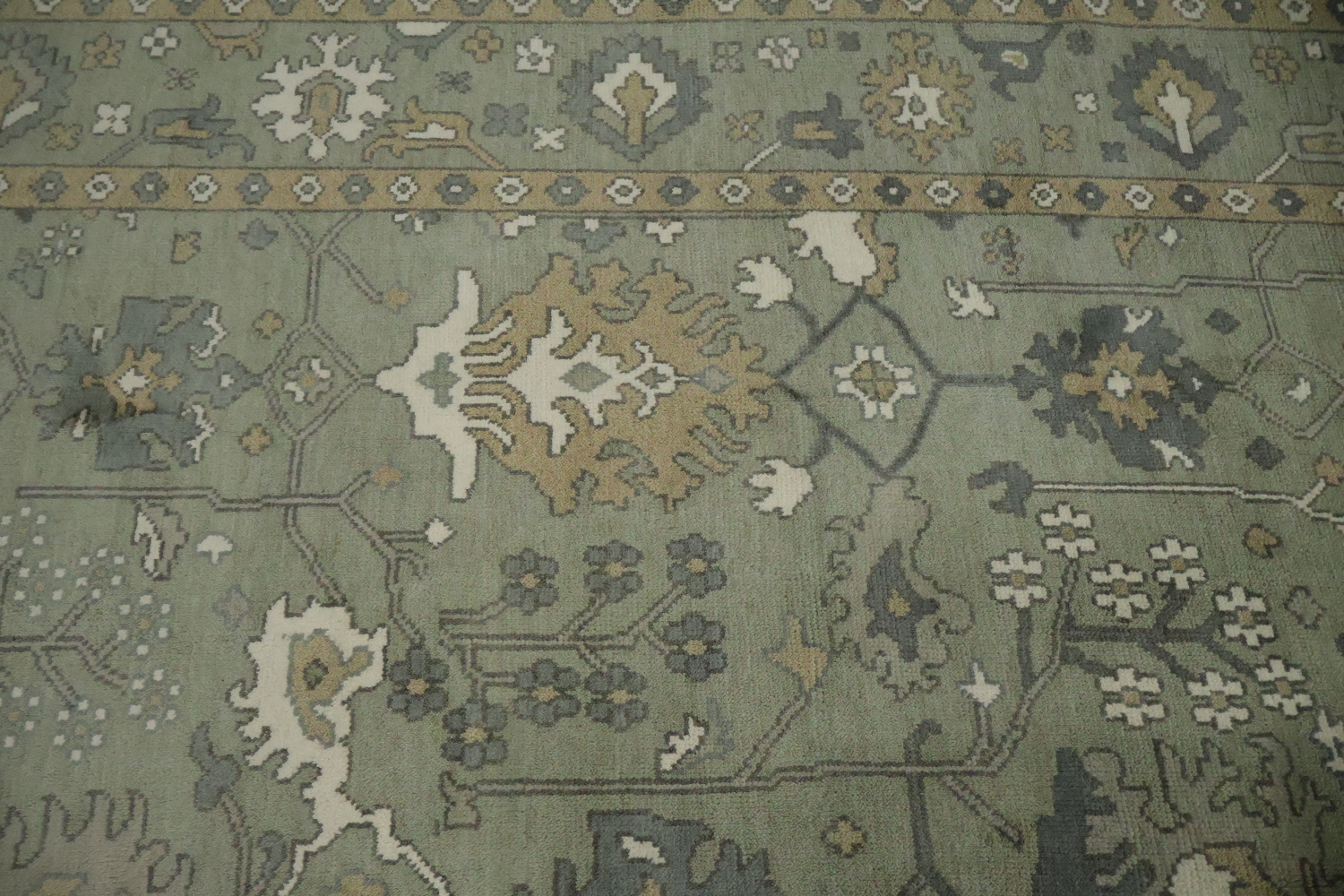 All-Over Floral Green Oushak Hand-Knotted Wool Area Rug 9x12