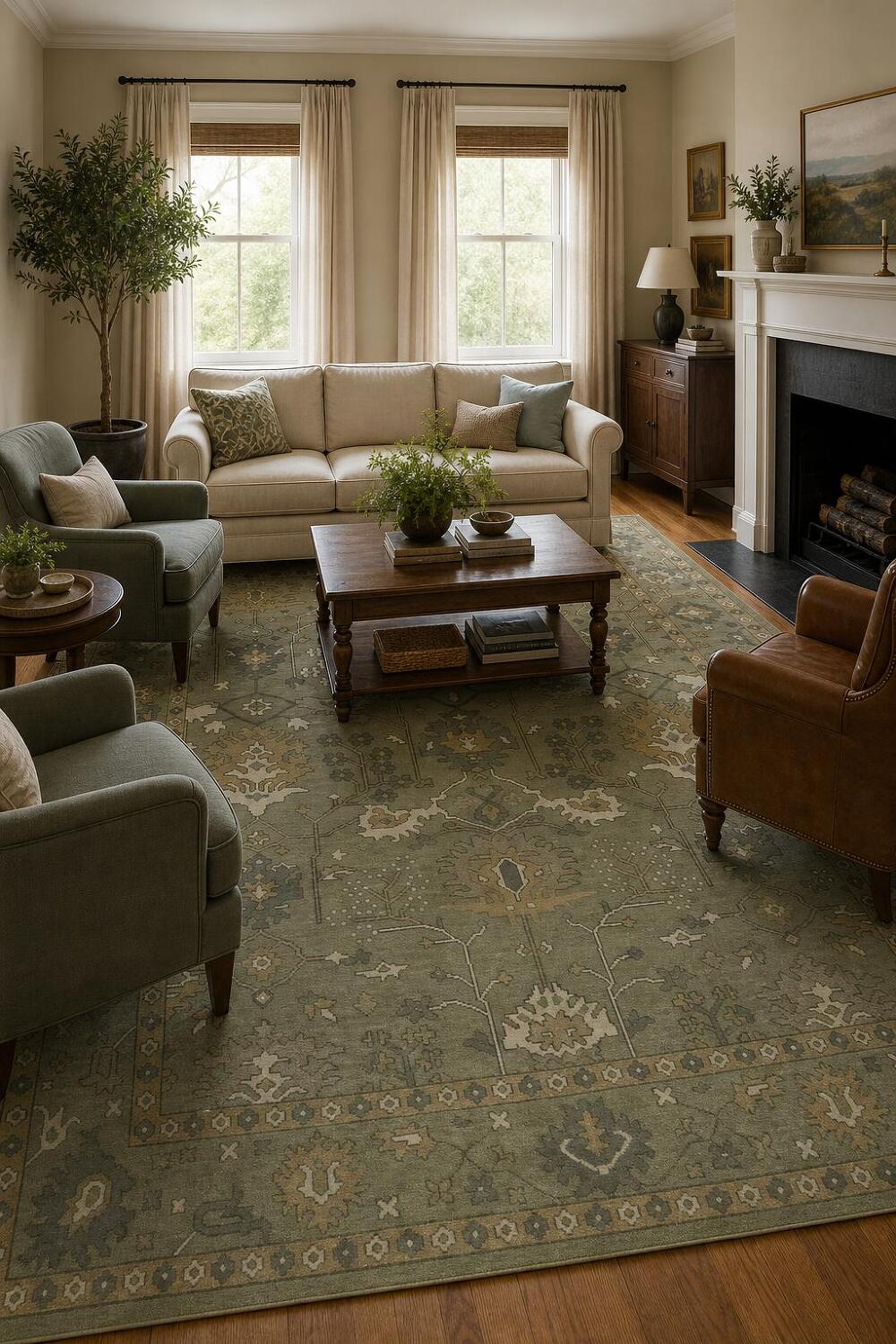 All-Over Floral Green Oushak Hand-Knotted Wool Area Rug 9x12